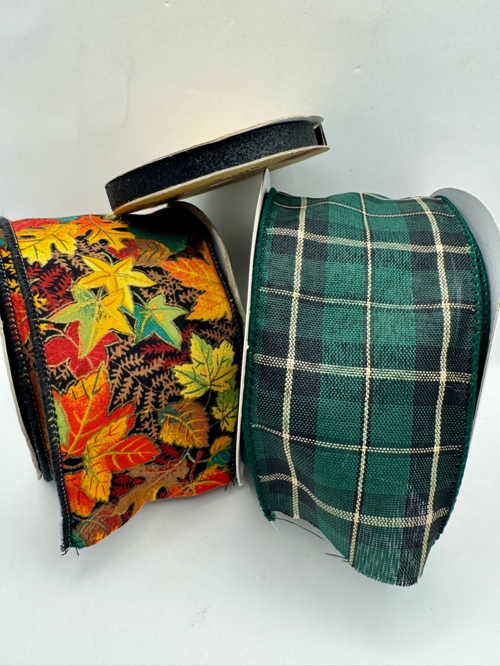 Seasonal Ribbon - Colorful Fall Leaves and Green Plaid + Black Glitter Tape
